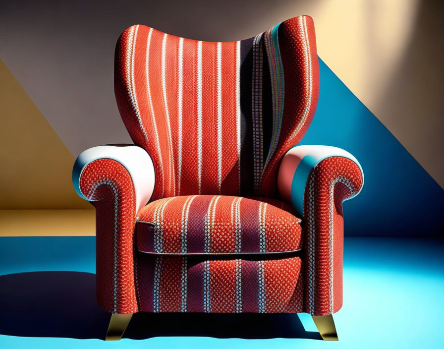 Colorful Striped Armchair on Blue and Yellow Geometric Backgrounds