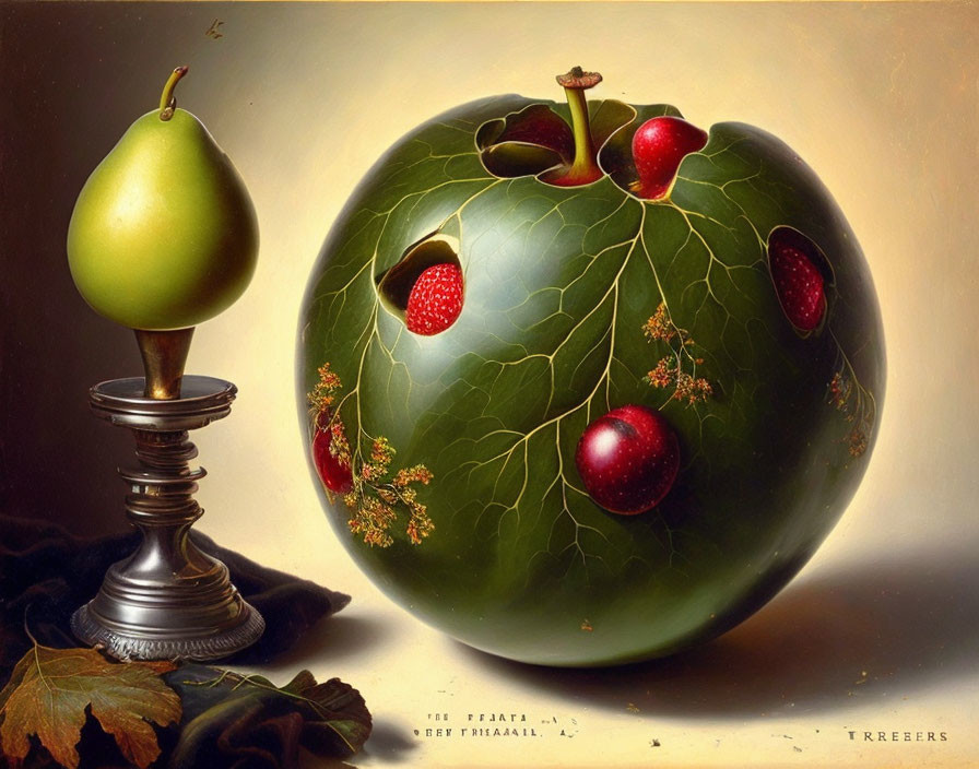 Hyper-realistic painting of green sphere with fruits and flowers on surface.