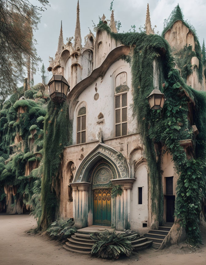 Old building with pointed arches, ivy, golden doors, and street lamps