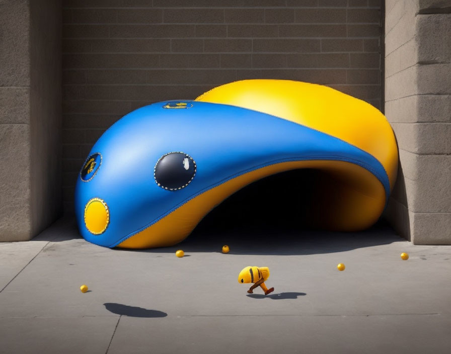 Yellow-blue inflatable structure collapsed with deflated yellow ball character and scattered yellow balls.