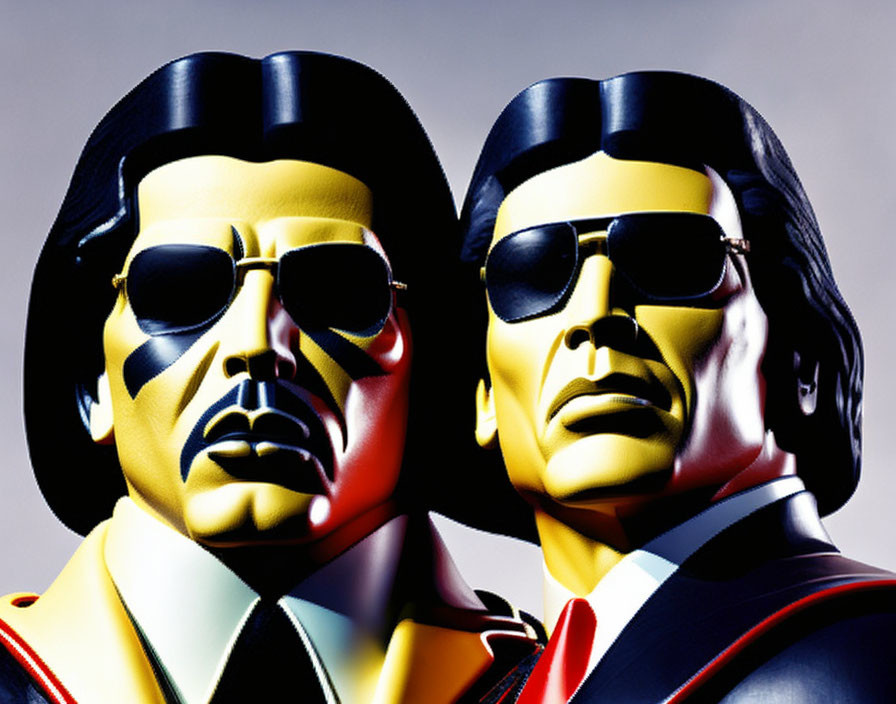 Identical male figures with sunglasses and slicked-back hair in metallic finish.