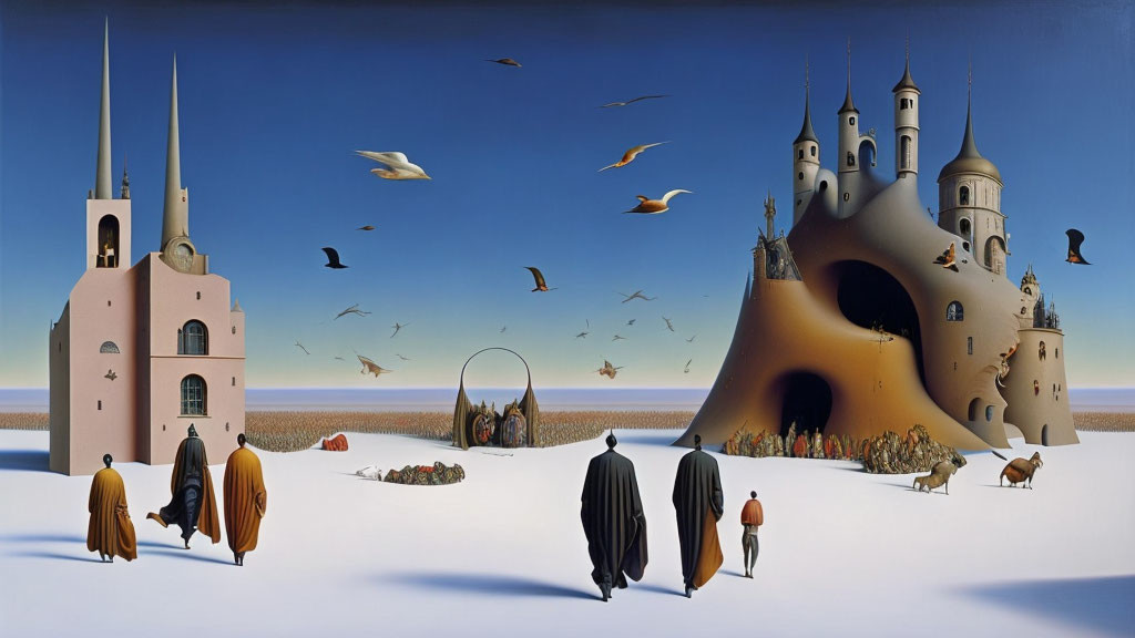 Surrealistic painting: robed figures, fantastical buildings, birds, and odd structures in