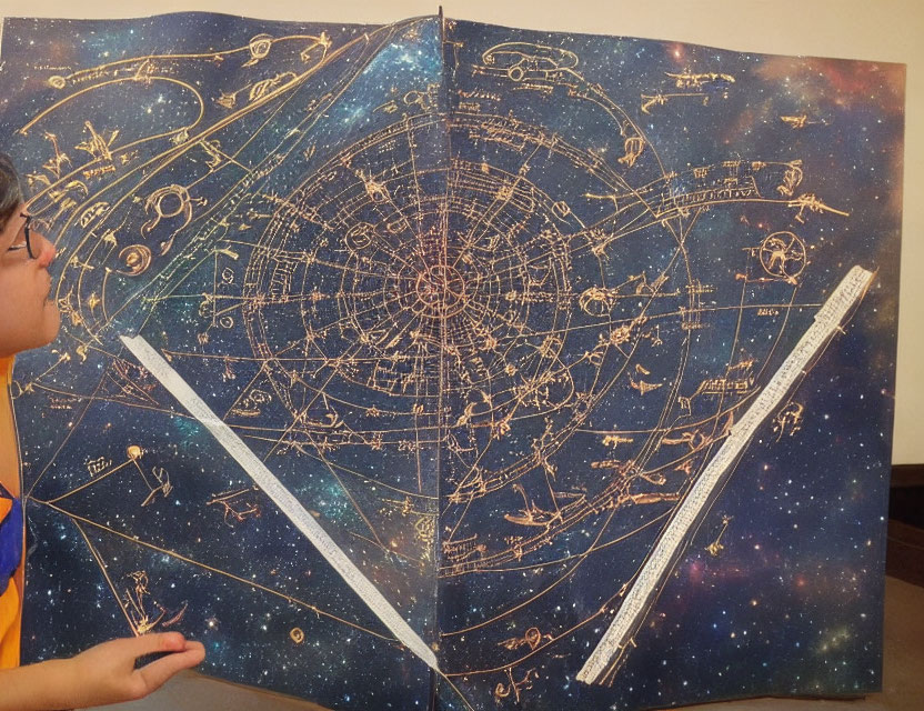 Person holding open large book with intricate astronomical illustrations and star patterns