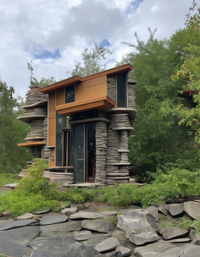 Modern House with Stacked Stone Pillars and Wooden Upper Structures in Green Setting