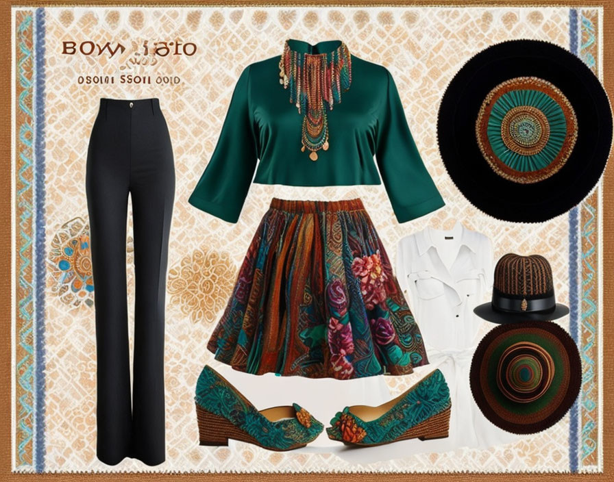 Bohemian Style Outfit Mood Board with Green Blouse & Printed Skirt