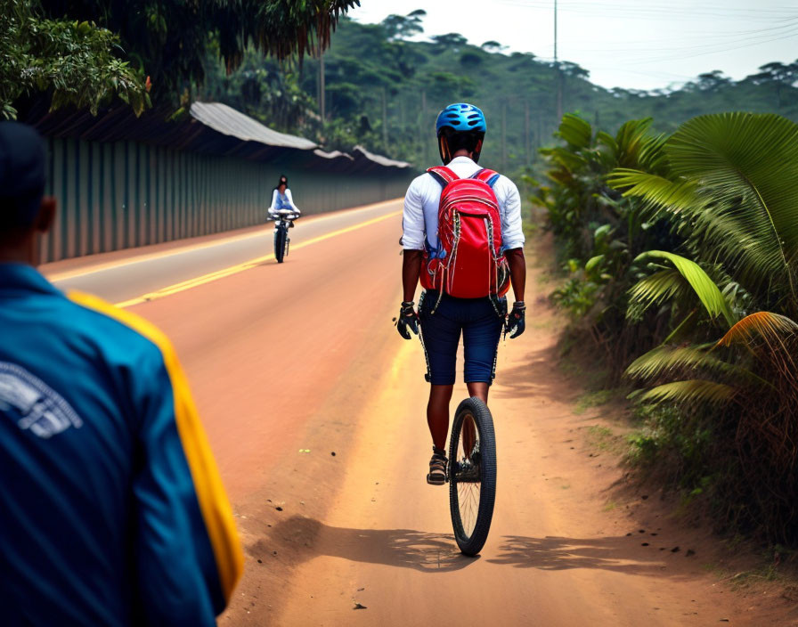 Unicyclist with backpack and helmet on rural road surrounded by lush greenery