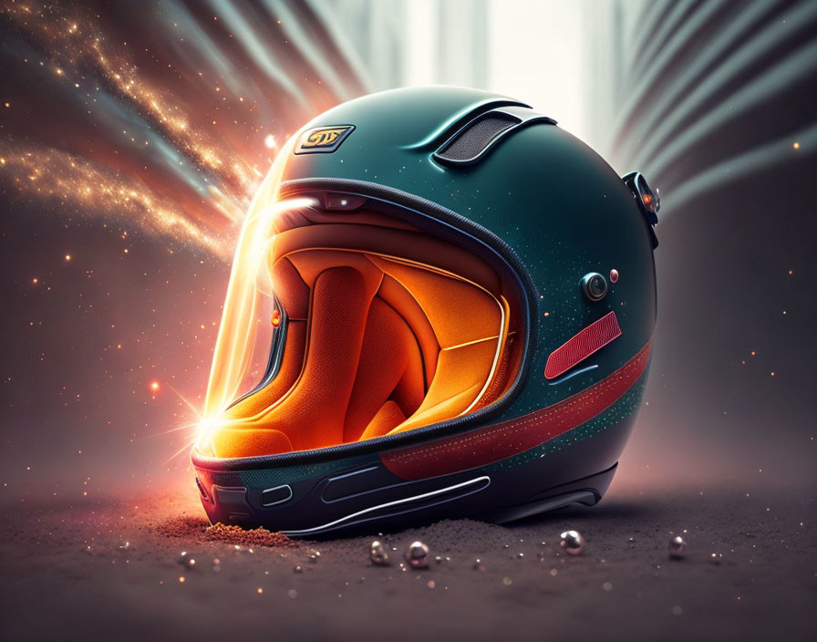 Teal Motorcycle Helmet with Orange Interior and Dynamic Light Rays