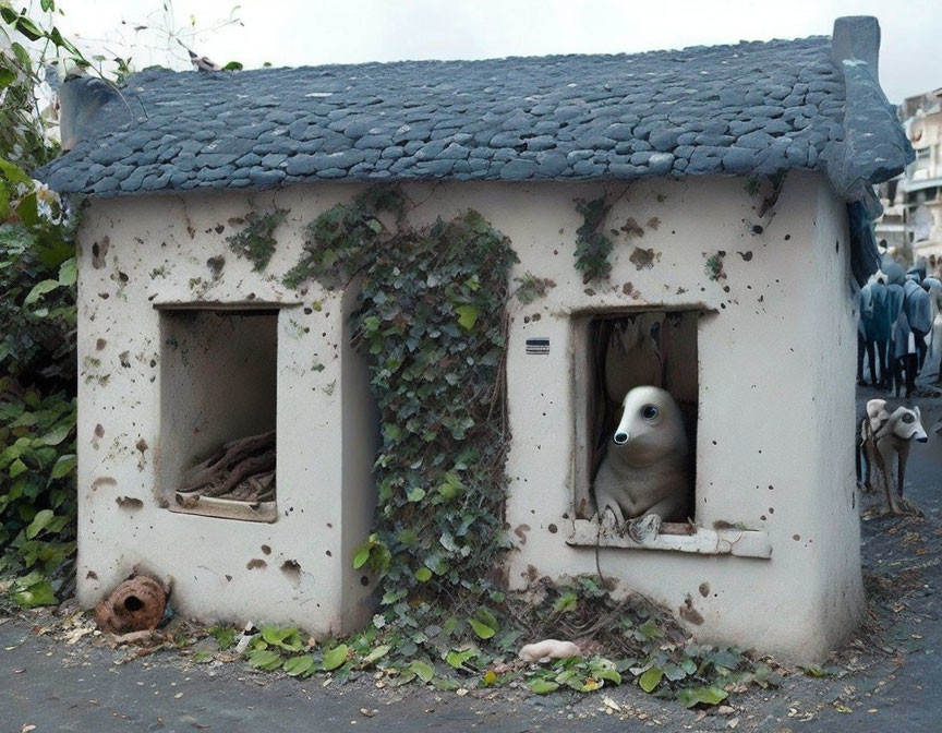 Dilapidated building with ivy, dog in window, people in background