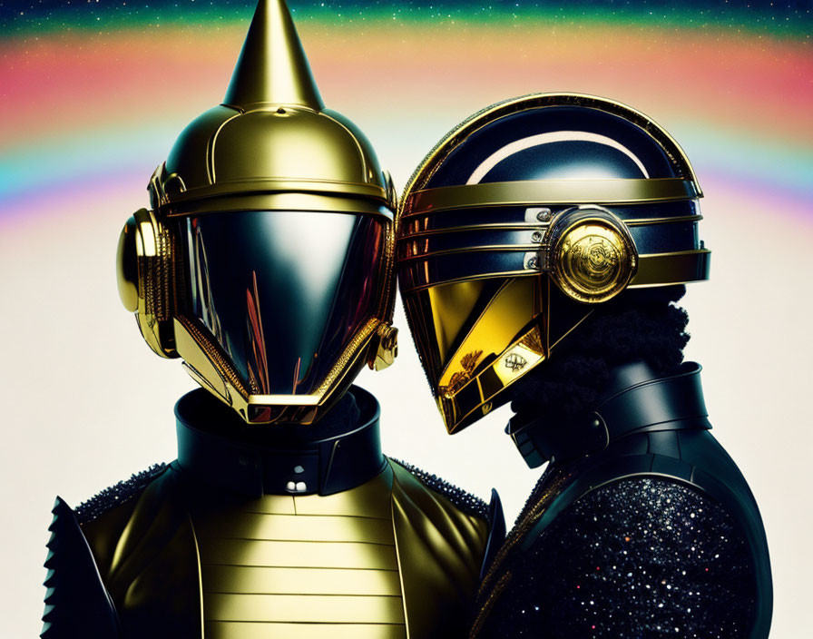 Golden and Silver Robotic Figures in Colorful Aurora Backdrop