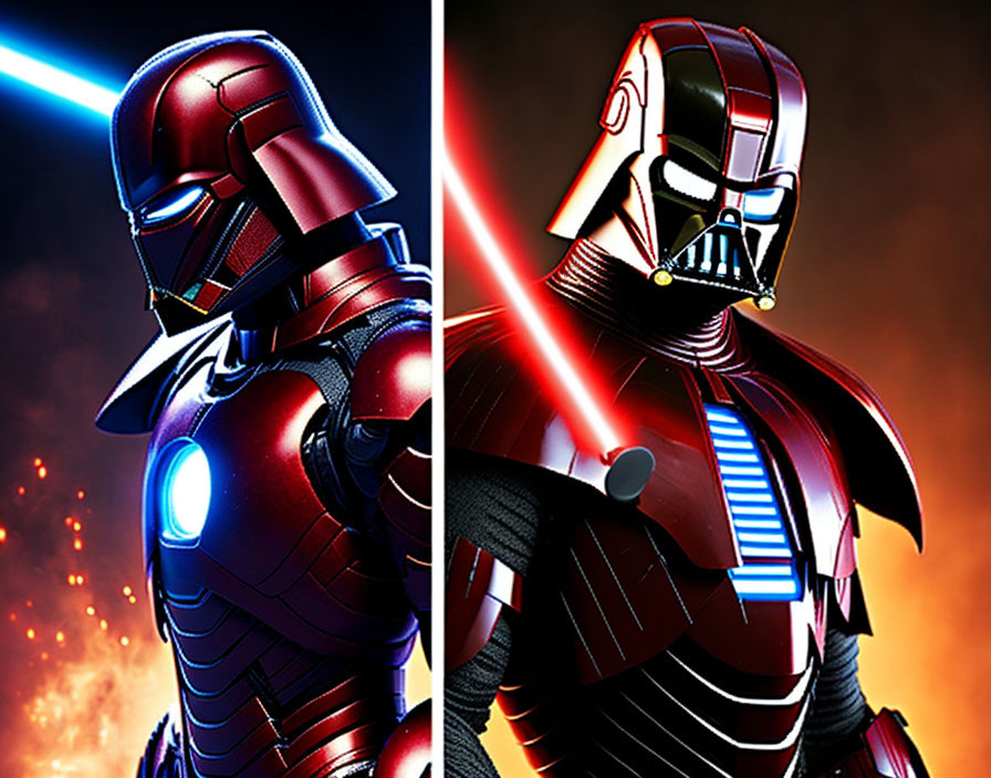 Composite of Iron Man and Darth Vader helmets with blue and red backlighting