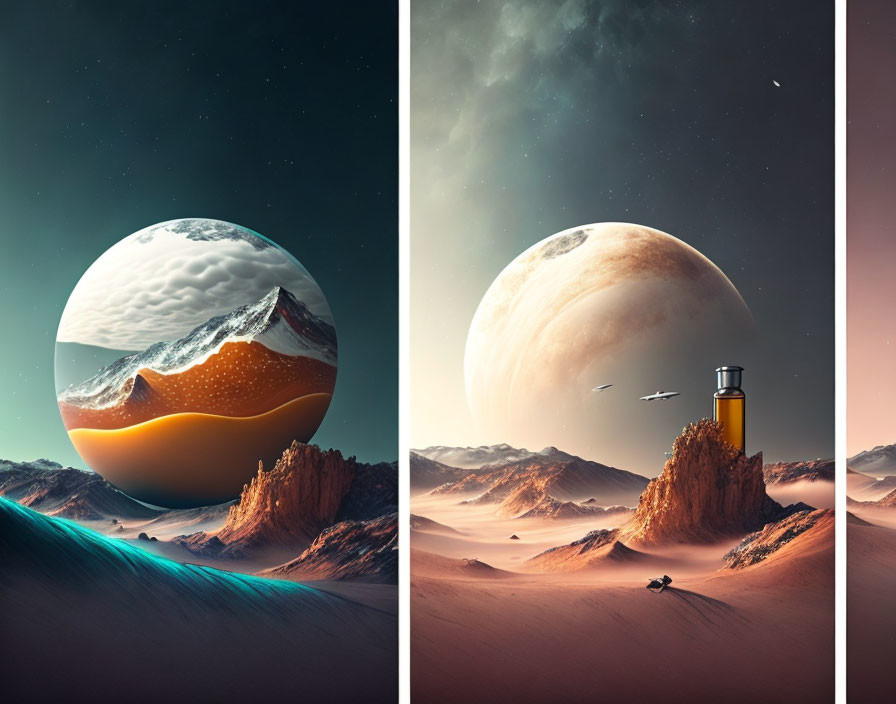 Alien planet surreal landscapes with large orbs and astronaut exploring