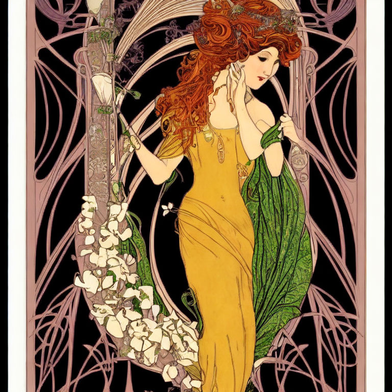 Art Nouveau Style Illustration of Woman with Red Hair in Yellow Dress