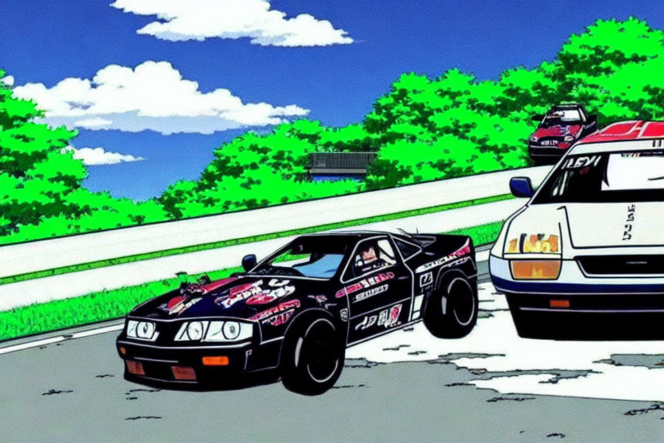 Animated race cars on track with green trees and blue sky, black car in foreground