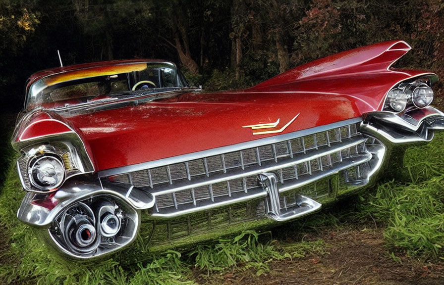 Vintage red Cadillac with tailfins and chrome details in nature.