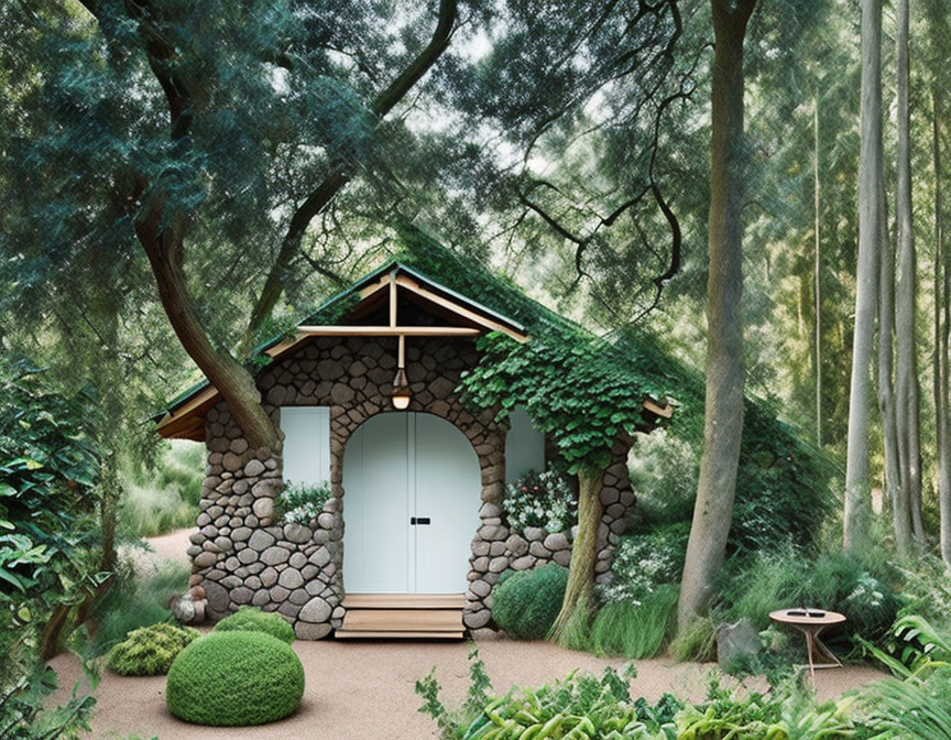 Stone cottage with teal door in forest setting.