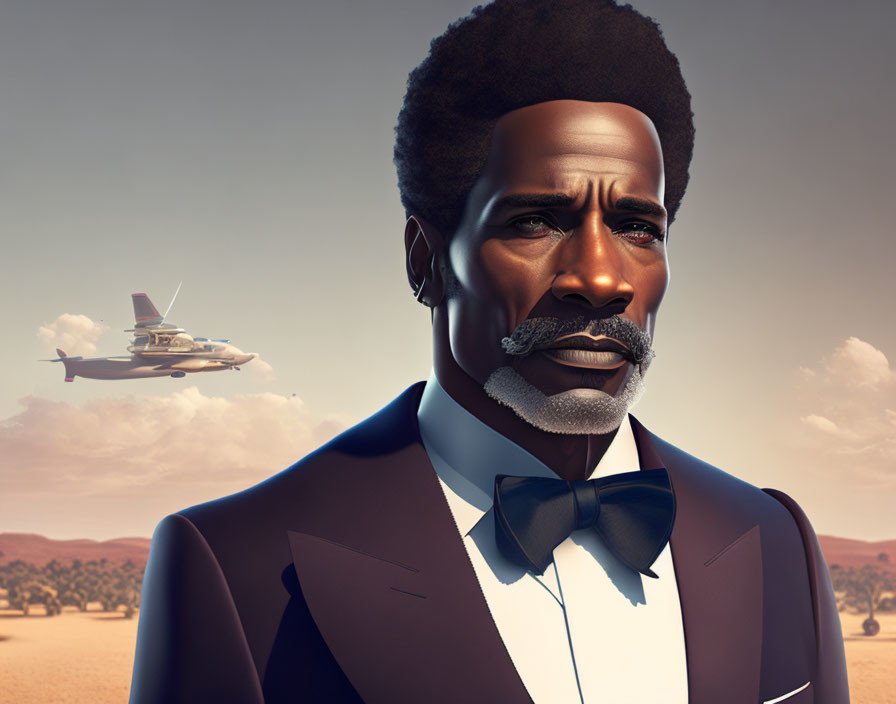 Prominent Afro man in suit with futuristic aircraft in desert