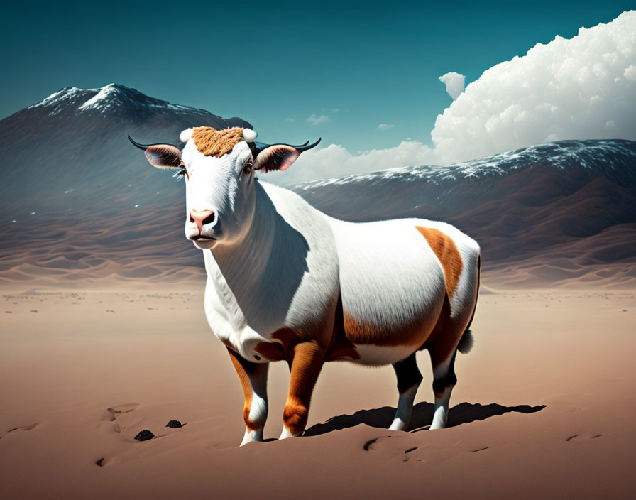 Brown and white cow in desert with mountains and cloudy sky