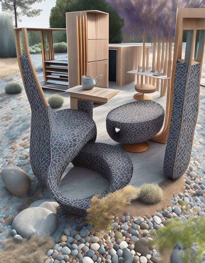 Contemporary outdoor furniture set with textured upholstery on a pebbled patio