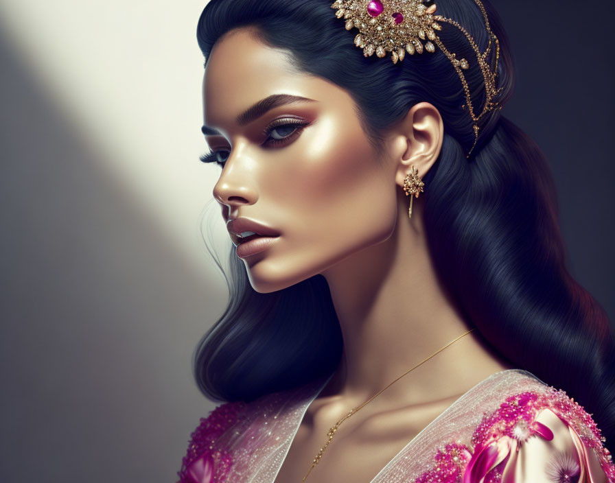 Portrait of woman with sleek hair, tiara, earrings, pink outfit & floral details