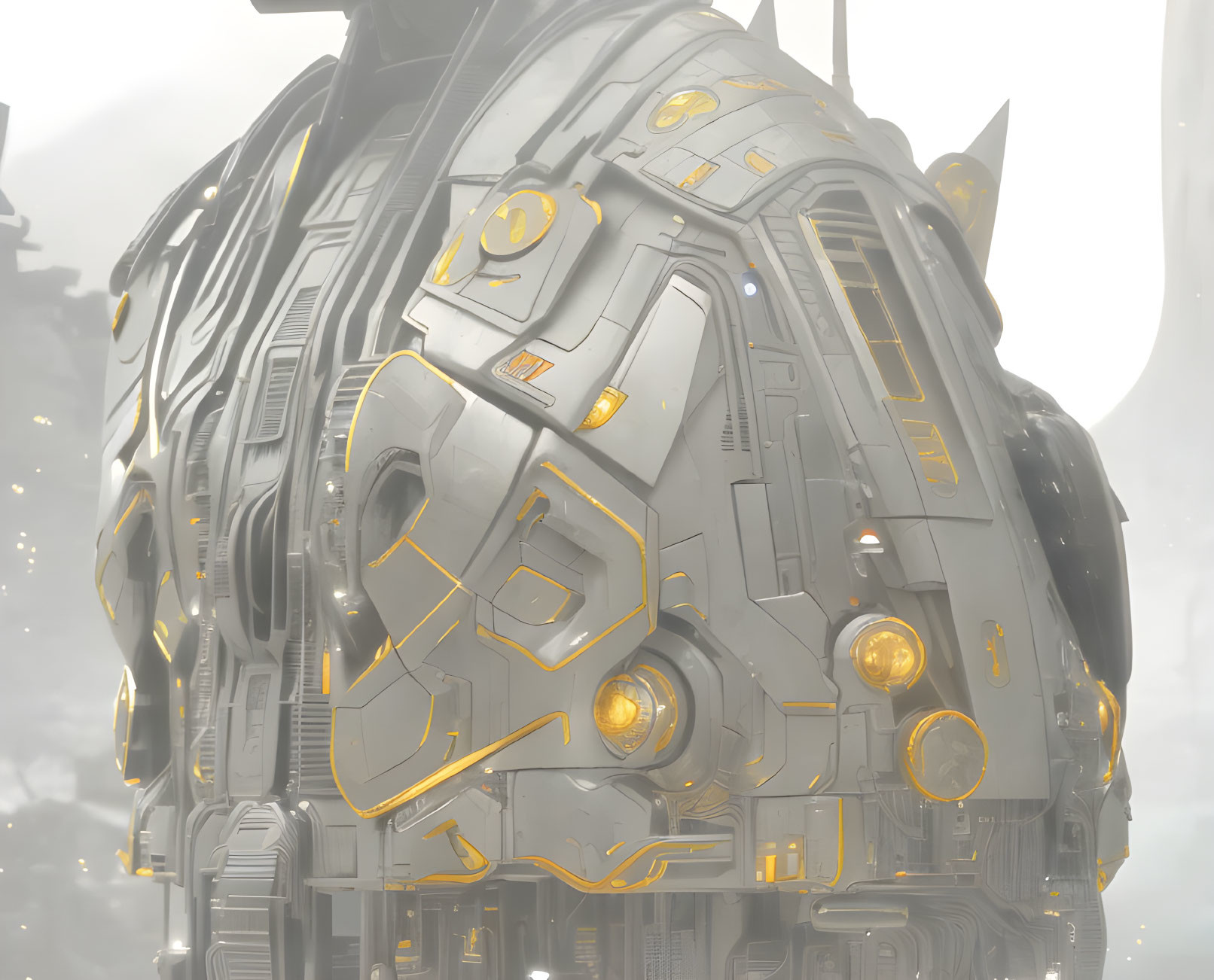 Futuristic gold and grey mechanical structure in mist