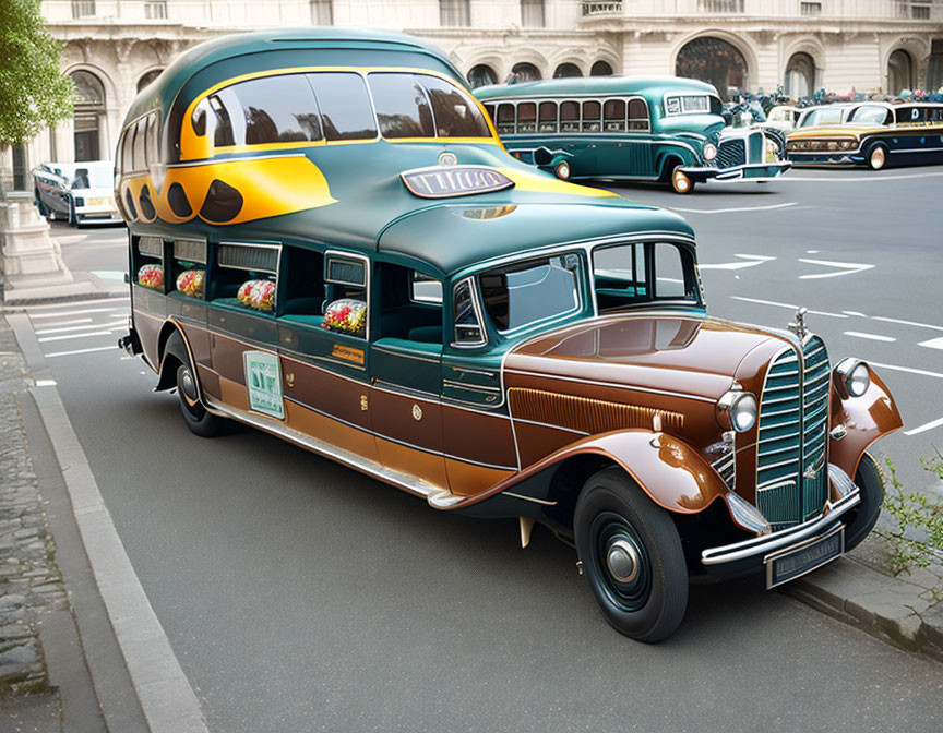 Vintage Brown and Yellow Bus with Fruit Advertisements on City Street