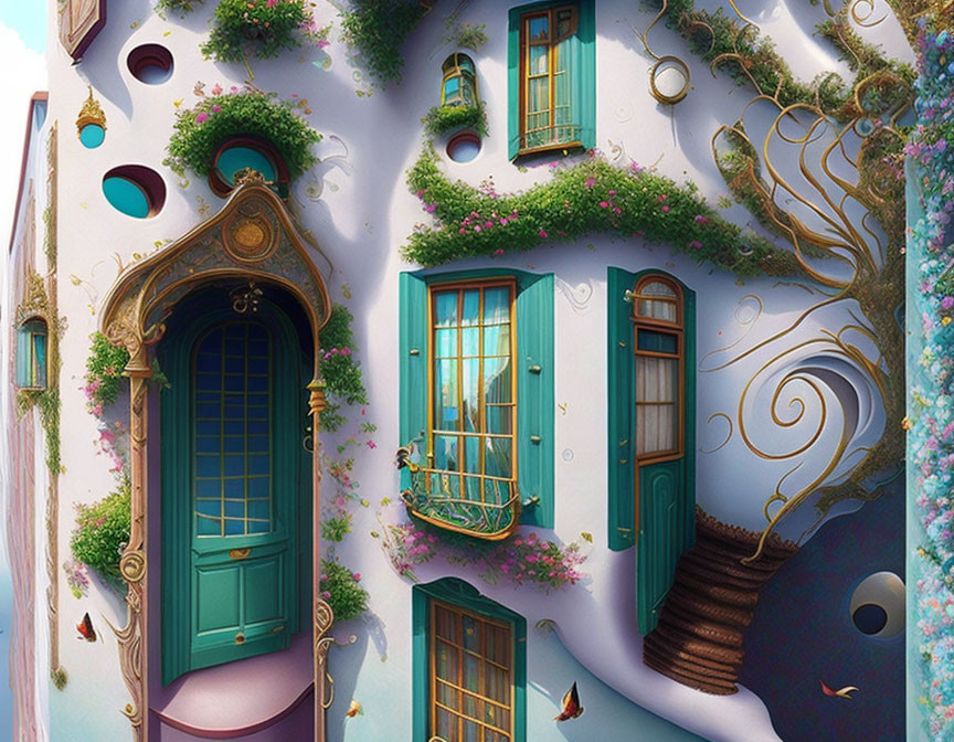 Whimsical colorful building with lush green vines and round doors