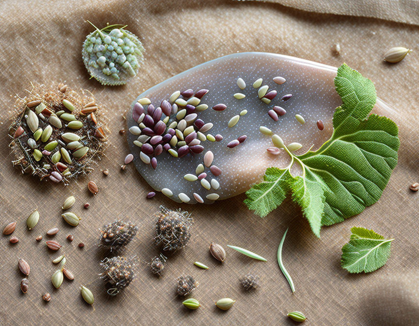 Flat Lay of Seeds and Green Leaves on Pink Stone and Beige Fabric