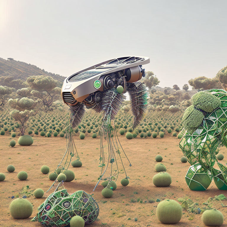 Futuristic drone over surreal landscape with sphere-shaped plants and green geometric structures