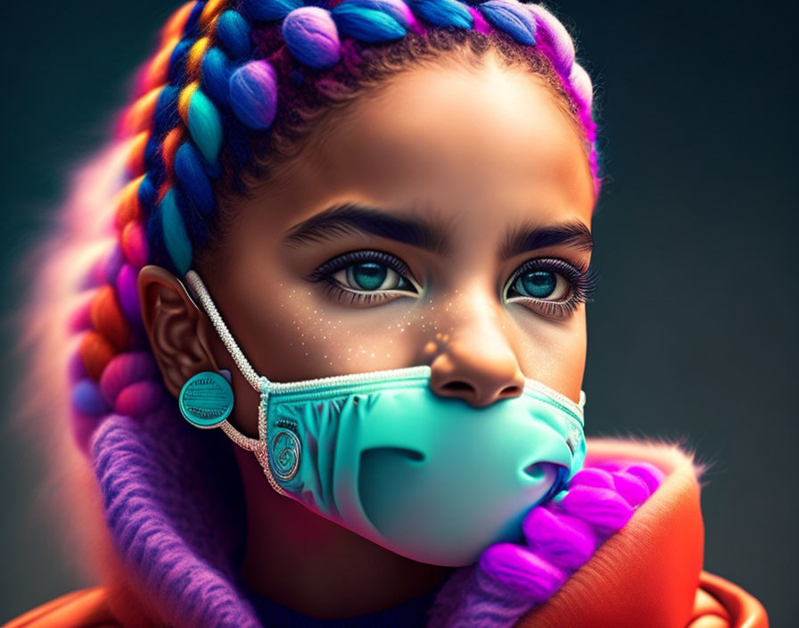 Vivid multicolored braids on young girl in decorative mask and orange outfit