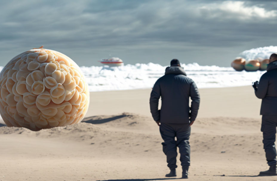 Surreal beach scene with oversized orbs and hovering ship