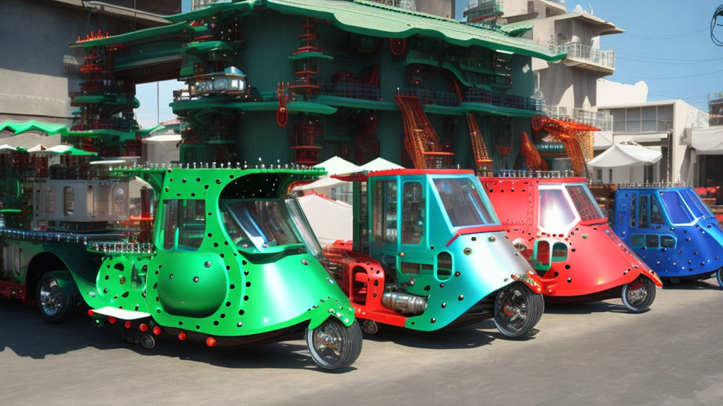 Futuristic colorful vehicles with bubble cabins and dotted patterns.