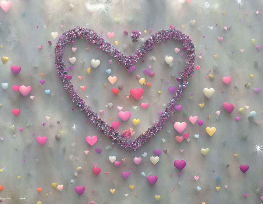 Heart-shaped design with smaller hearts, misty backdrop, multicolored confetti, and sparkling details