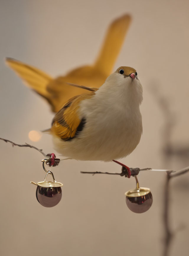 Yellow-winged artificial bird perched on branch with red and gold bells