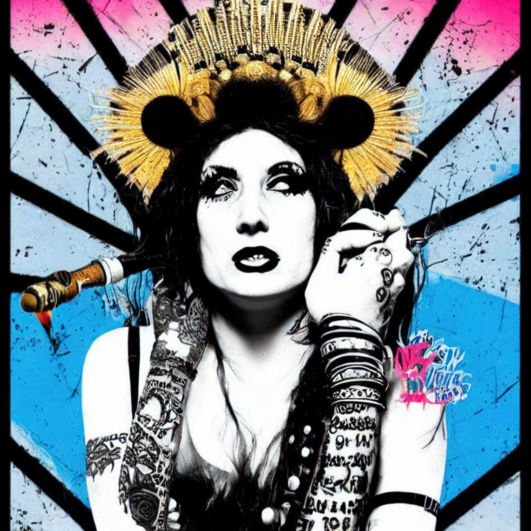 Vibrant pop art portrait with person in headdress and microphone stand