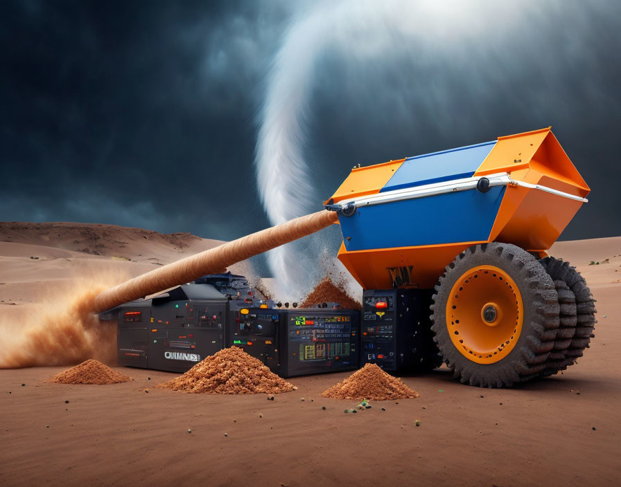 Powerful Mining Dump Truck Creating Sand Tornado in Desert Sky