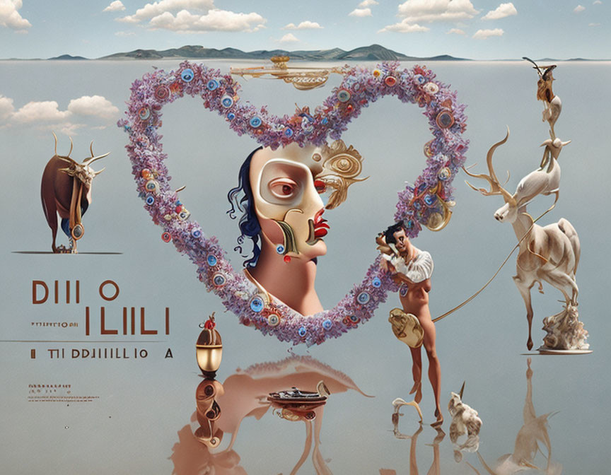 Surreal Heart-Shaped Flower Arrangement with Animals and Reflective Water