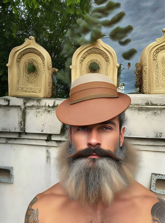 Bearded man with hat blends into round bush backdrop