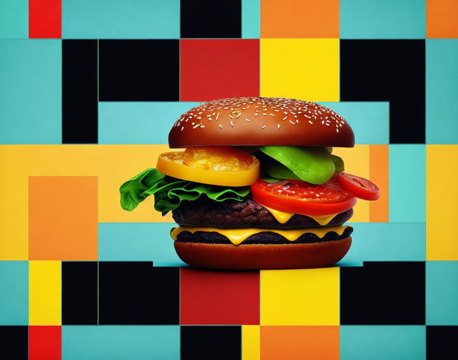 Stacked cheeseburger on colorful checkered background