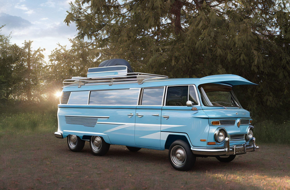 Vintage Blue Van with Surfboards Parked in Grassy Area