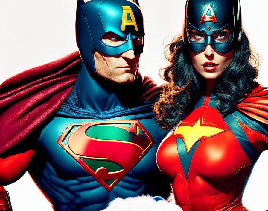 Colorful superhero costumes posed by two individuals.