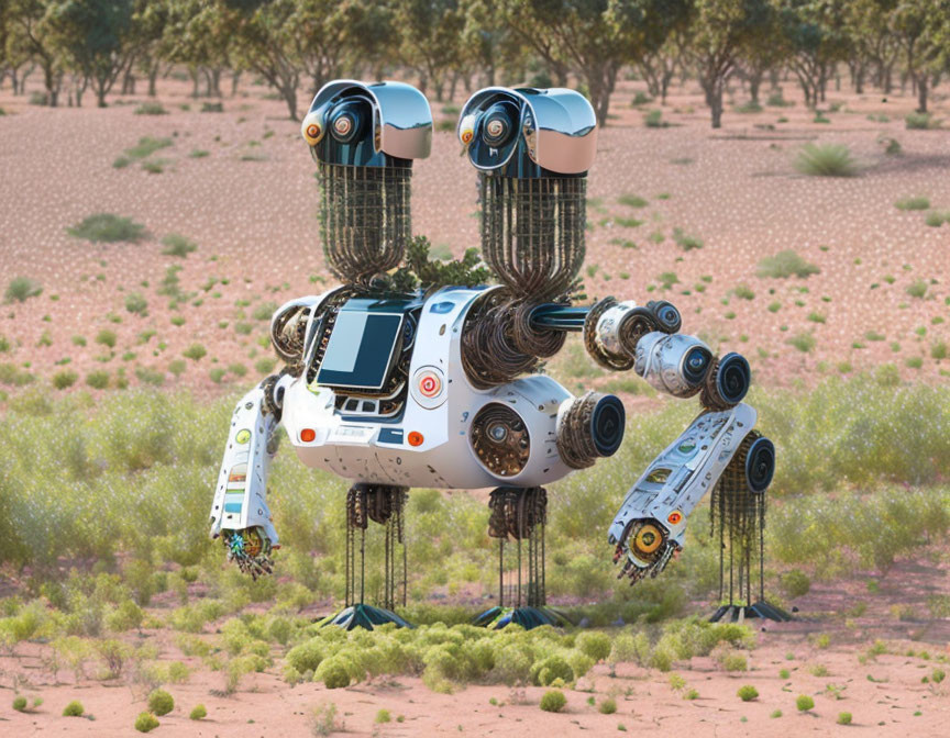 Futuristic robot with multiple limbs in desert landscape