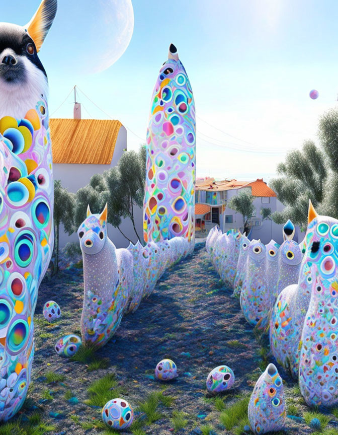 Colorful Seal-Like Creatures in Surreal Landscape with Giant Dog and Moons