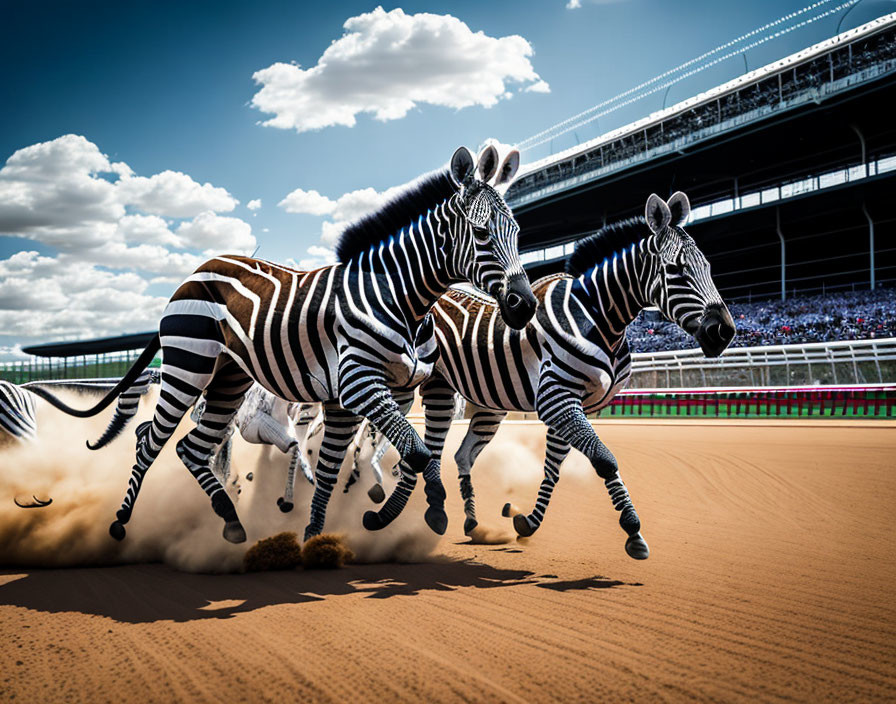 Zebras galloping on racetrack with stadium and cloudy sky