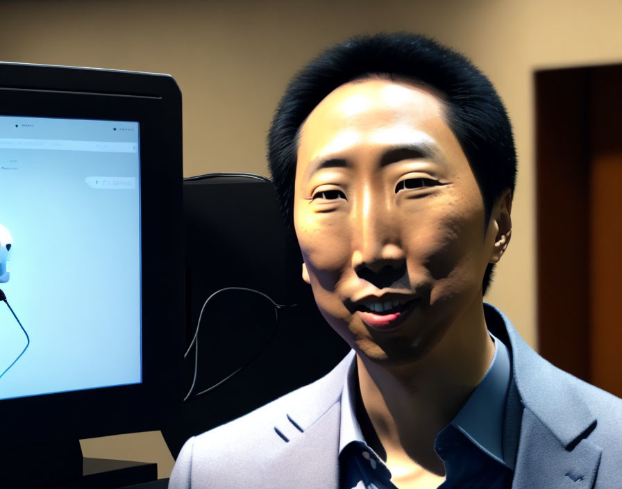 Man in Grey Suit Smiling Near Robot Face Display on Computer Monitor