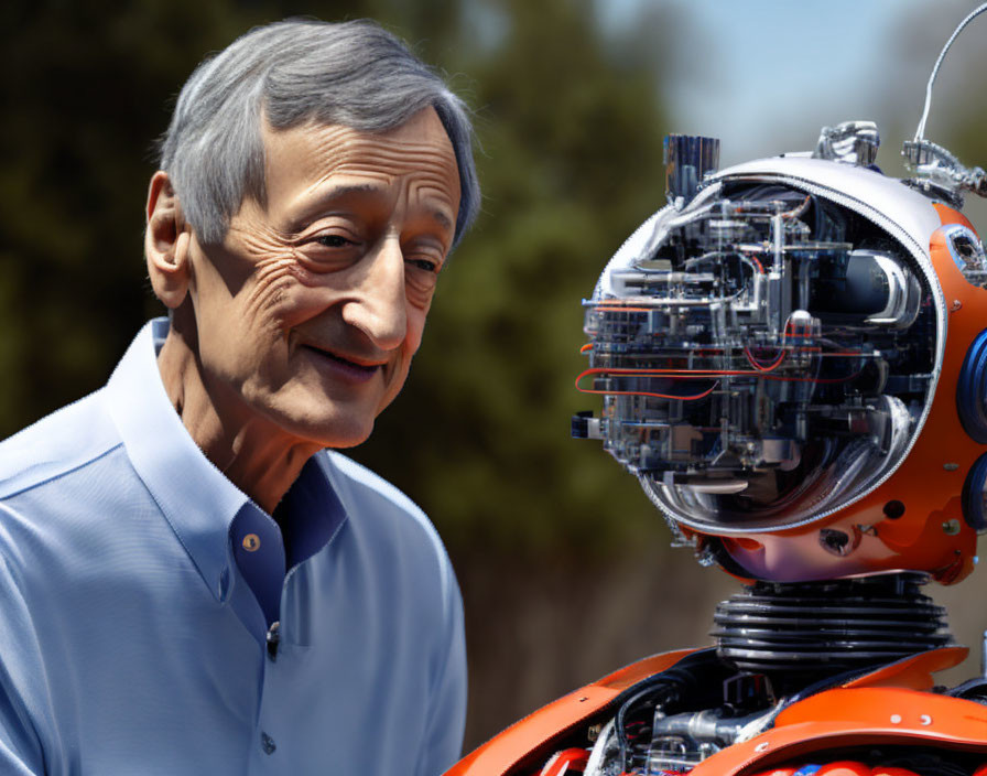 Elderly man gazes at sophisticated robot with transparent head