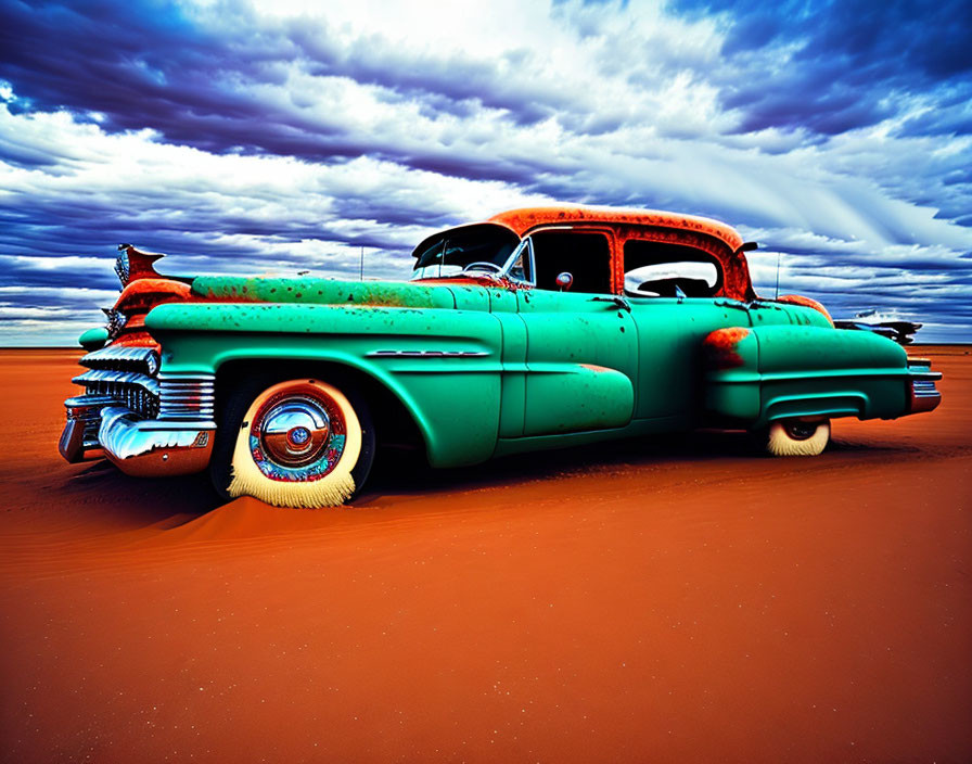 Vintage teal car with chrome details in desert landscape under dramatic sky