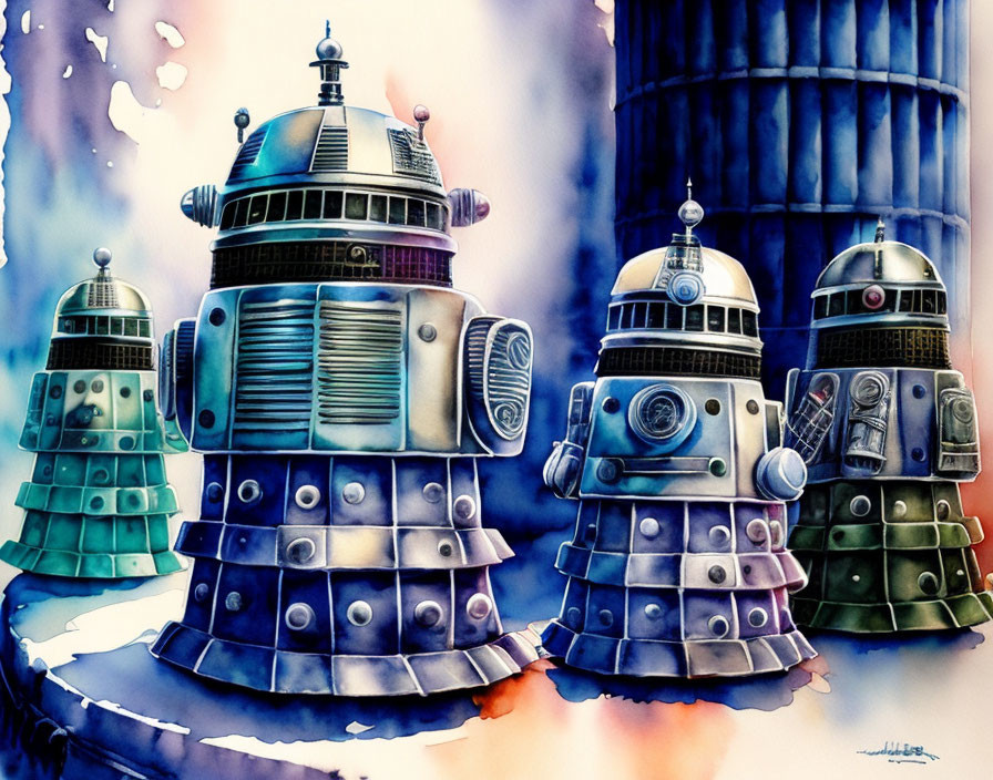 Colorful Daleks in watercolor style on blue and purple background