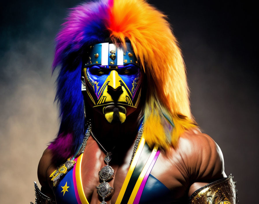 Colorful tribal face paint and headdress on person against dark backdrop