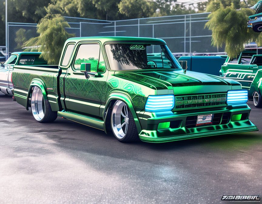 Elaborate Custom Green Pickup Truck at Vehicle Meet