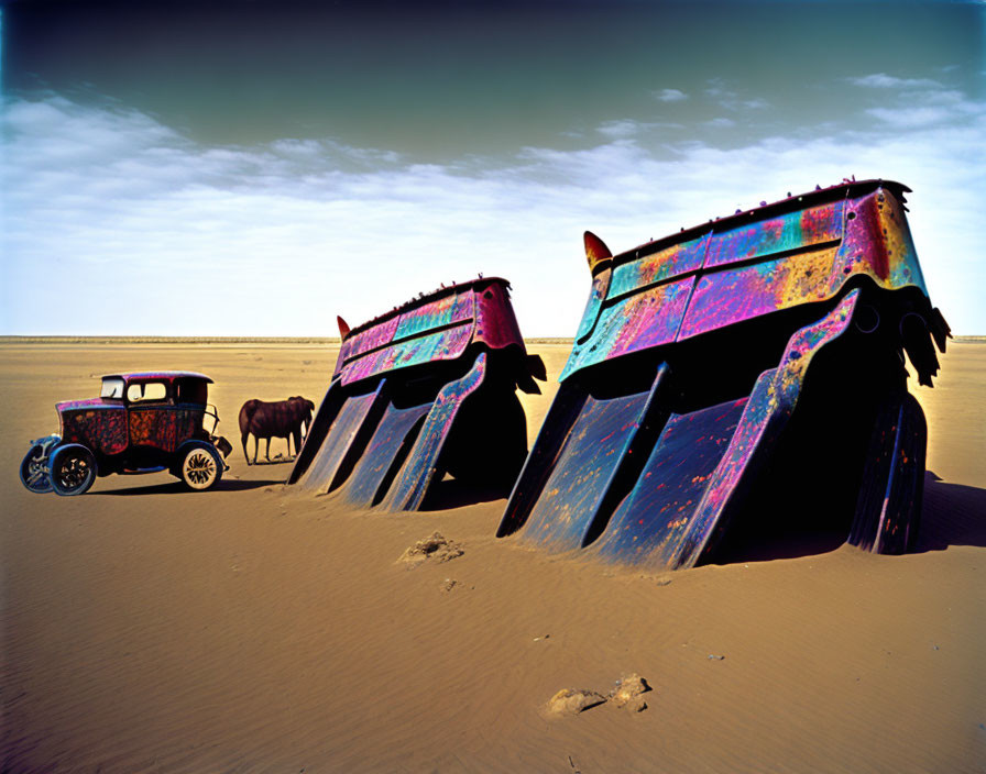 Vintage car and horse near colorful buried buses in desert